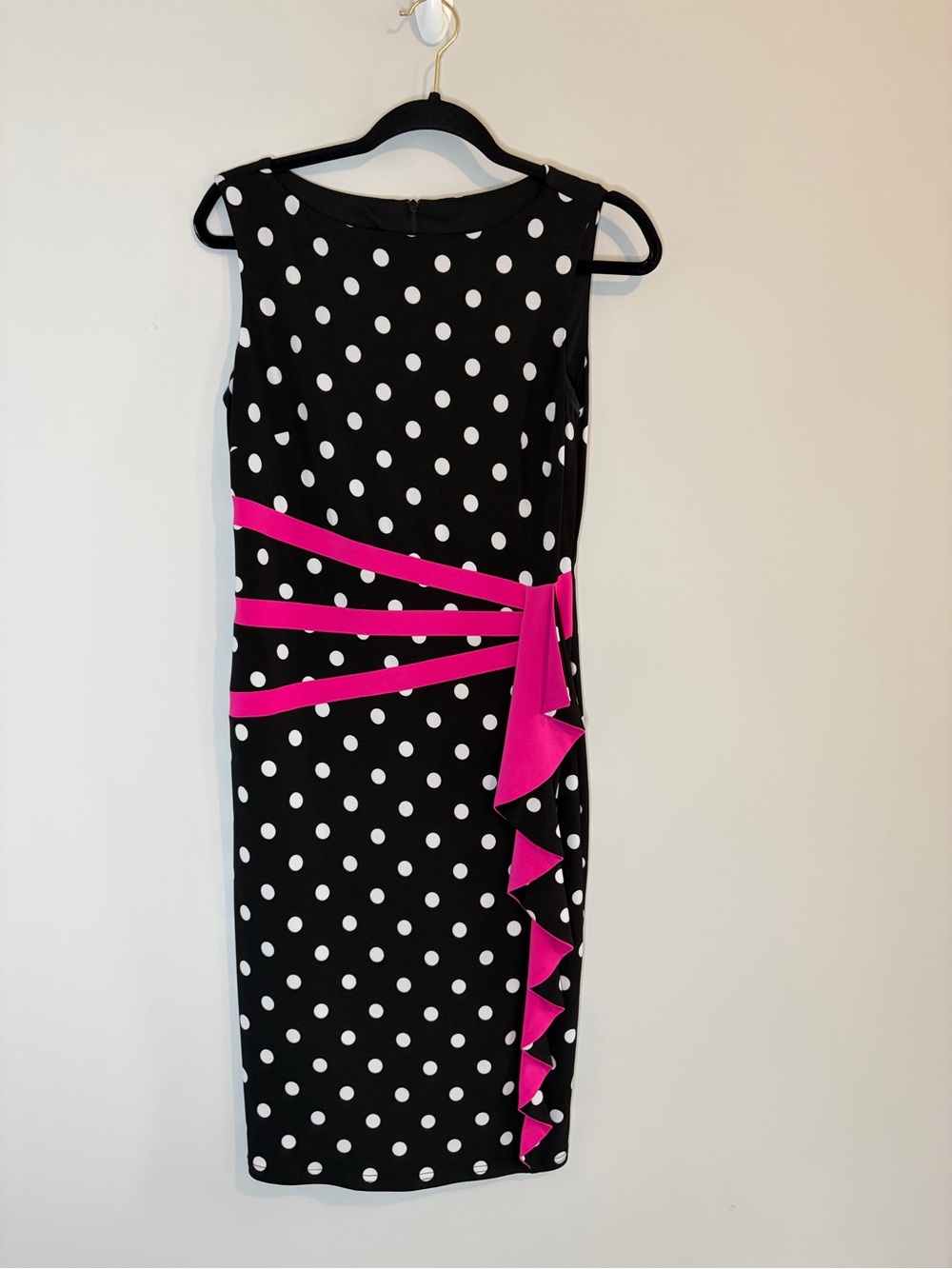 Joseph Ribkoff Polka Dot Cocktail Dress Size 6 Hot Pink Ruffle Made in Canada